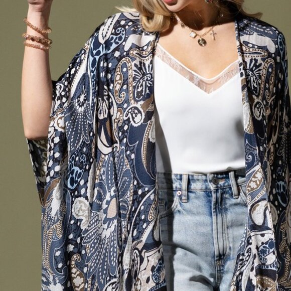Bohemian Blue Paisley Jacquard Print Kimono Cardigan One Size - Picture 8 of 9